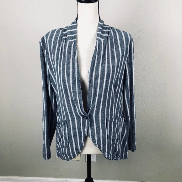 Sanctuary Blazer Jacket Blue White Stripe Linen Blend High Low Pockets Sz Large - Picture 10 of 15